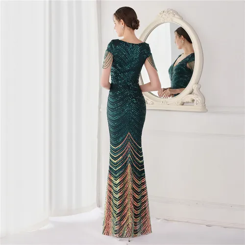 Imagen 2 del producto DEERVEADO elegante vestido de noche de sirena con cuello en V largo de lujo con cuentas vestidos de fiesta de noche para mujer 2025 nuevo vestido Formal 19085