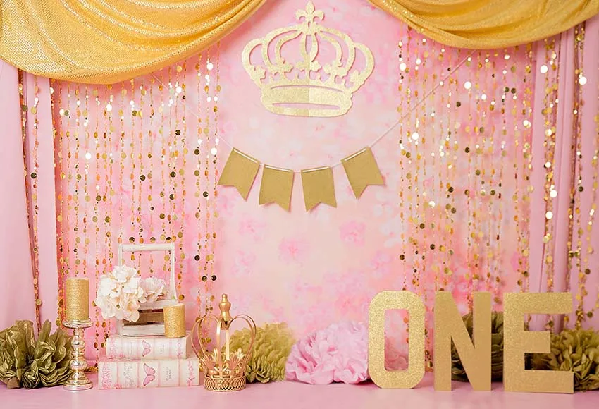 Avezano หญิง1st วันเกิดการถ่ายภาพพื้นหลังสีชมพูดอกไม้ Dots บอลลูนมงกุฎภาพฉากหลังรูปภาพ Photo Studio Photophone