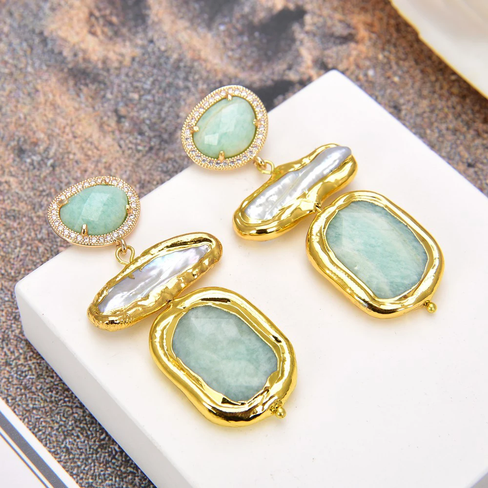 Natural Golden Biwa Pearl Natural Green Amazonites Triangular Dangle Stud Lever back Earrings trendy women