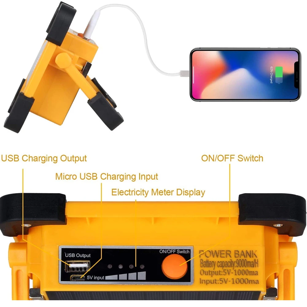 Светодиодный солнечный рабочий фонарь, перезаряжаемый через USB, портативный светильник для кемпинга, внешний аккумулятор, встроенный аккумулятор,