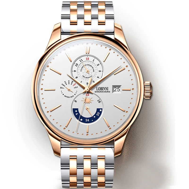 LOBINNI 316L الفولاذ المقاوم للصدأ التلقائي الرجال ساعة اليد تاريخ أسبوع شهر الرجال ساعة ميكانيكية الياقوت الزجاج مقاوم للماء 50 متر الساعات