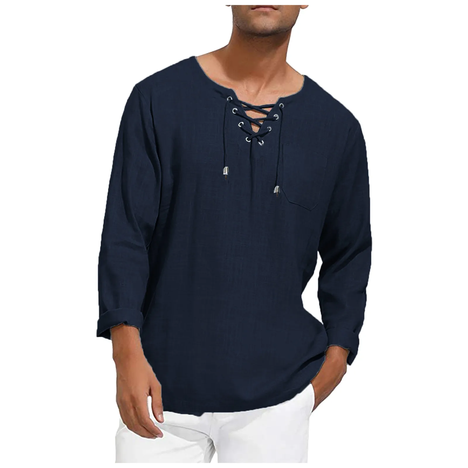 New Men\'s Loose Shirts Tee Long Sleeve Cotton Henley Tee Shirt Medieval Lace Up O Neck Outdoor Tops Fashion Brand Casual Blouse