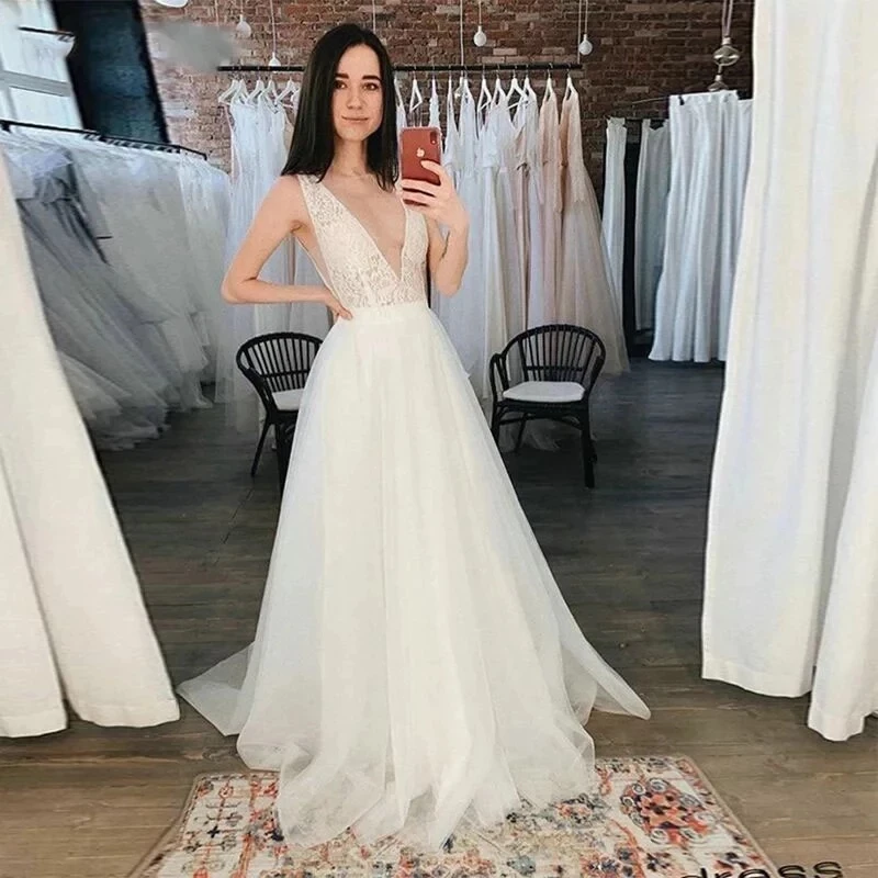 Kant Trouwjurk Sexy V-hals Mouwloze Vestido De Novia Robe De Mariee Платье Robe De Soiree Свадебное Платье Bruid Om worden