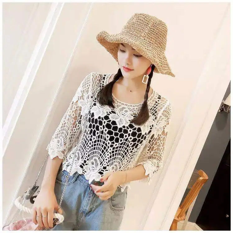 Blouse Women Skirt Shawl Women\'s Pullover Short Summer Knitted Hollow Lace Blusas Ropa De Mujer