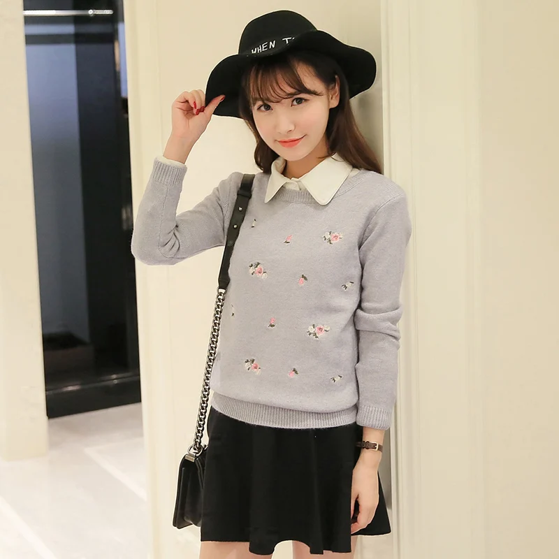 S-3XL New Youth Women Sweater Autumn Winter 2024 Fashion Elegant Peach Embroidery Slim Girl Knitted Pullover Tops Female