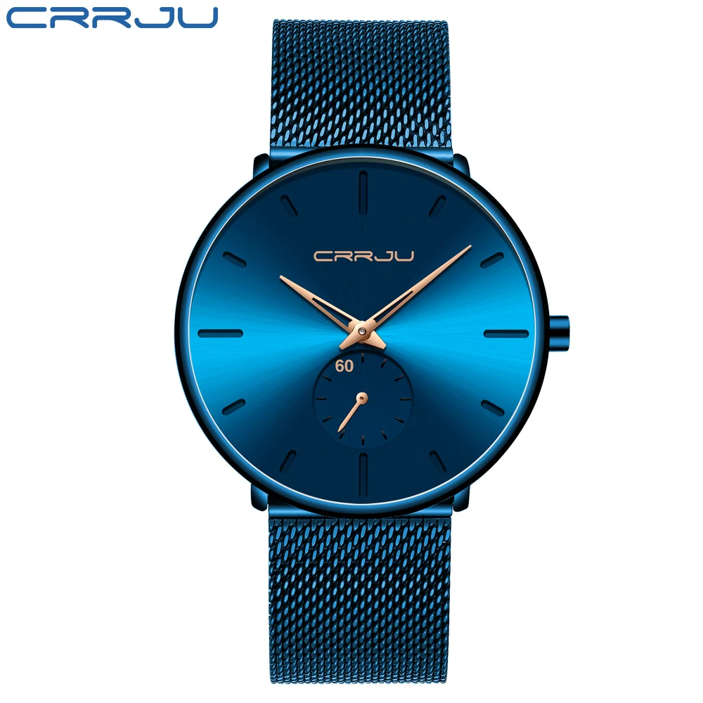 CRRJU moda mavi erkekler İzle en lüks marka Minimalist Ultra ince Quartz saat rahat su geçirmez saat Relogio Masculino