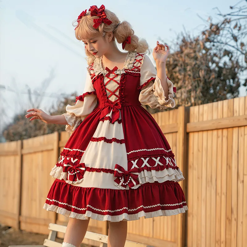 

New！Japanese Lolita Girlish Gothic loli Dress Retro Tea Party Lace Long Skirt Costume Full set A