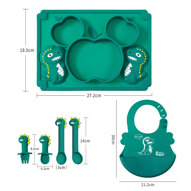 TYRY.HU-Juego de alimentación de dinosaurio de dibujos animados para bebé, Baberos impermeables, tazón de alimentación antideslizante, cuchara,