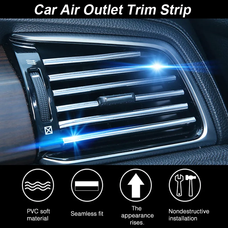 10Pcs 20cm Car Air Conditioner Vent Outlet Trim Strips U Shape Chrome PVC Colorful Shiny Car Trim Strips Decoration Interior