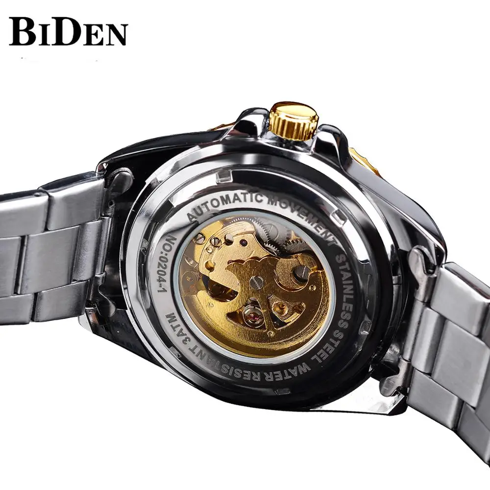 BIDEN-esqueleto Diamante Dial relógio mecânico, azul, dourado, impermeável, banda de aço inoxidável, mão luminosa, numerais romanos, automático