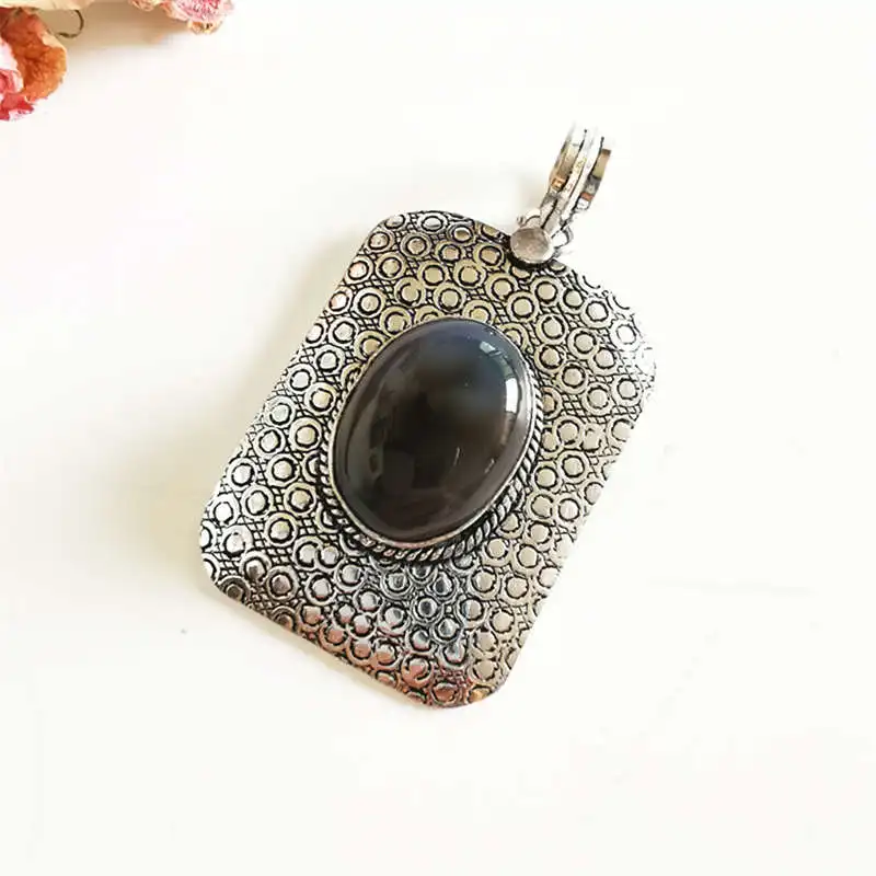 Vintage Hand Jewelry Copper Inlaid Natural Stone Agates Big Rectangle Pendants TBP764