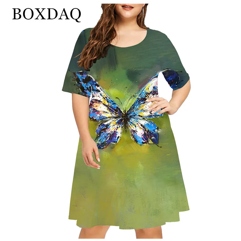 New 2021 Summer Women Cute Cat Print Dress Casual Short Sleeve Ladies Mini Dress Street Fashion Plus Size Women Clothing 4XL