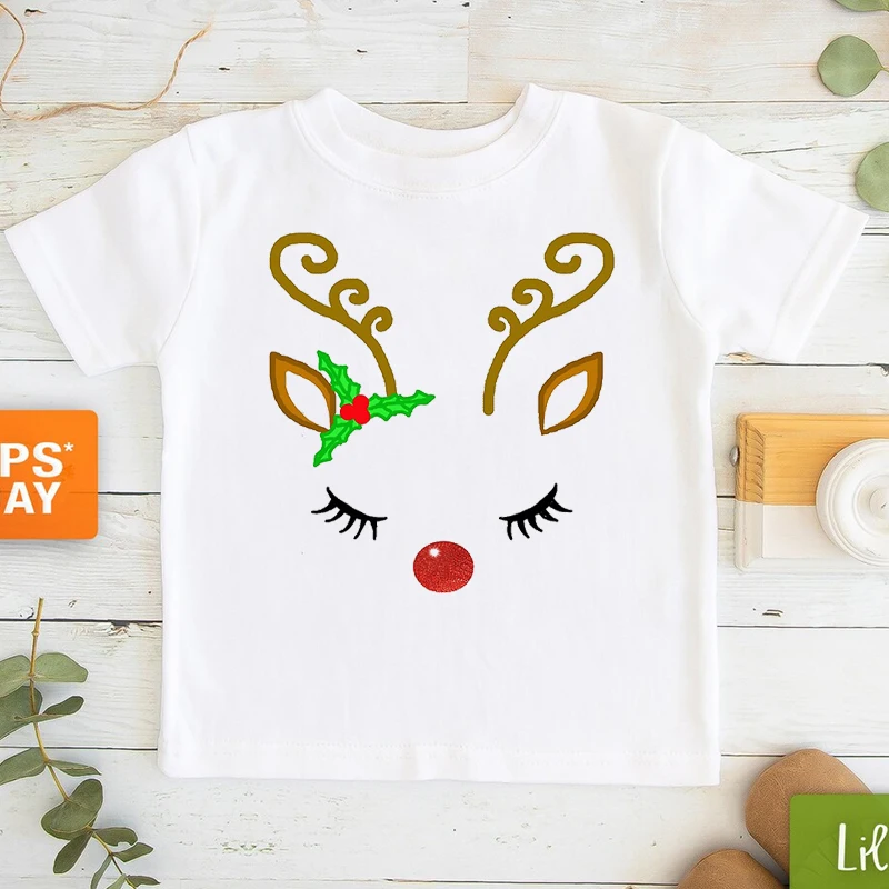 Merry Christmas T-Shirt Kawaii Unicorn Face Antlers T Shirt Kids Clothes Boy Girls Tshirt Short Sleeve T-Shirts 90s Tops