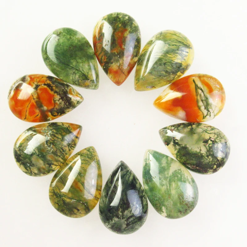 Hot 12Pcs/Lots Wholesale Natural Moss Agates Teardrop Semi-precious Stone CAB CABOCHON 10x14x4mm Flat Backed