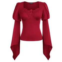 Women Gothic Blouses Puffed Sleeve Tops Spring Fall Clothes Long Sleeve Square Neck Lace Decorated Tops Renaissance Punk Shirt