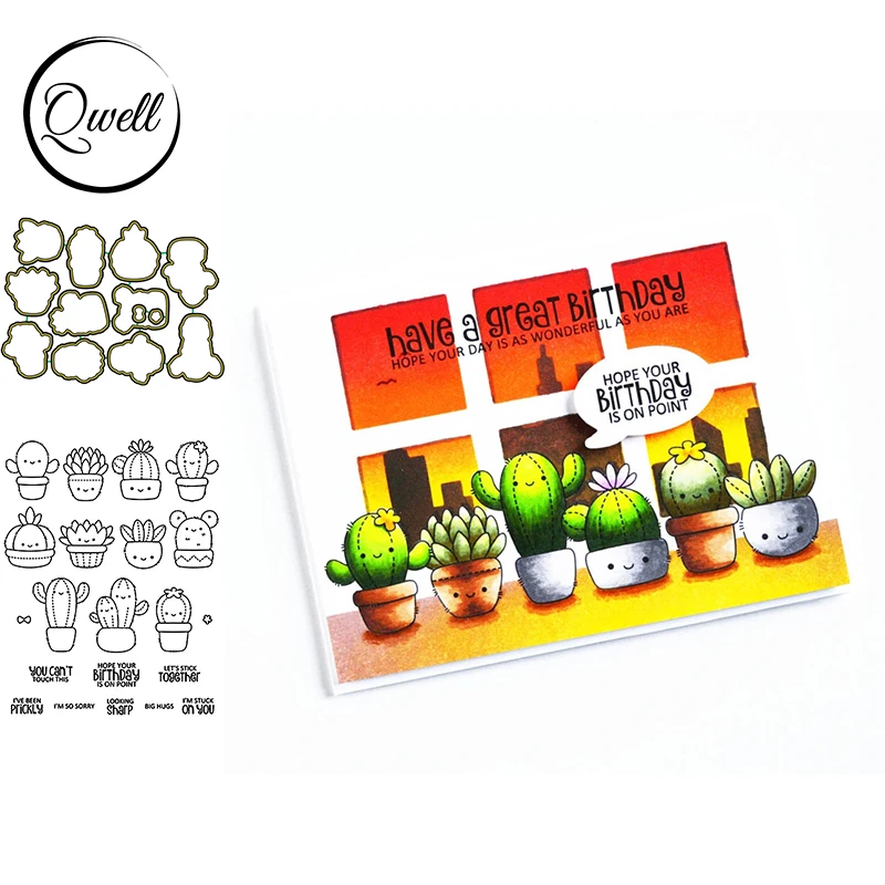 QWELL Cactus Plants Metal Cutting Dies And Clear Stamps Words Sentences DIY Scrapbooking Craft Paper Cards Making Template 2020