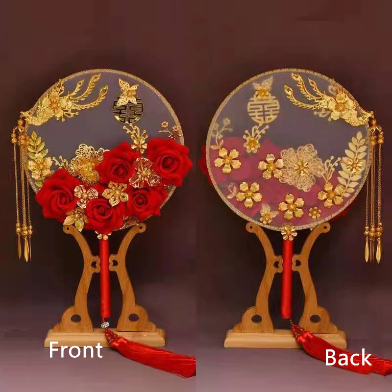 Elegance Vintage Red Gold Bride Bouquet Chinese Traditional Round Palace Hand Held Fan For Wedding Bouquet