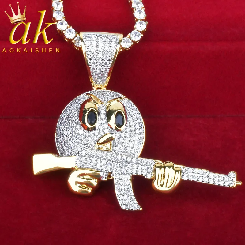 Cartoon Round Face with Gun Pendant Gold Color Cubic Zircon Men's Hip hop Rock Jewelry