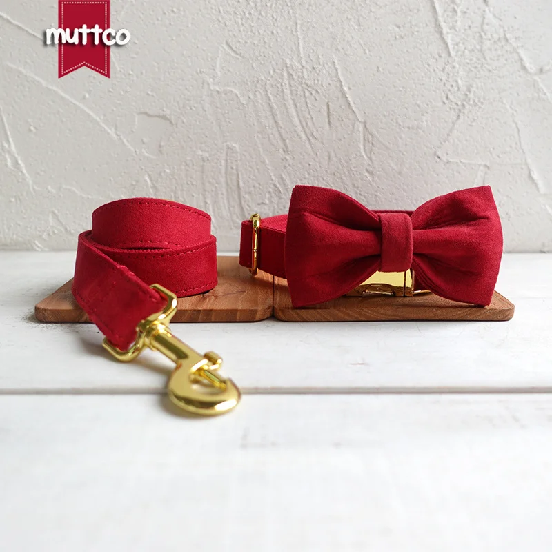 MUTTCO Adjustable bow-tie collar THE CHERRY handmade pet products 5 sizes metal buckle double cloth dog collar set UDC020B