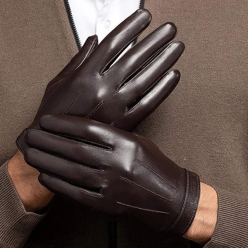 Men\'s Genuine Sheepskin Leather Gloves, Business Short, Full Finger, Touch Screen, Driving, Motorcycle, Fashion, Autumn, Winter