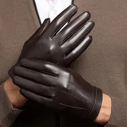 Men's Genuine Sheepskin Leather Gloves, Business Short, Full Finger, Touch Screen, Driving, Motorcycle, Fashion, Autumn, Winter