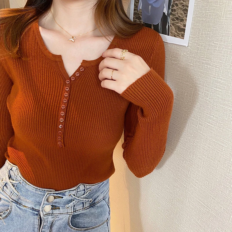 

2021 Autumn Casual Striped Sweater V-neck Knitted Pullovers Bottoming Sweater Women New Sweet Long Sleeve Jumper Women Top 17494