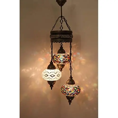 LaModaHome 35 + Unique Colors, 2020 Customizable Chandelier 3 Globes + Free 3 Bulbs, stunning Mosaic Turkish Lamp Moroccan Light