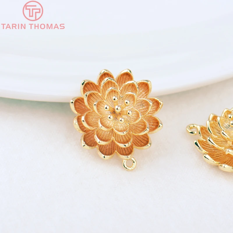 (806) 6PCS 18MM 24K Gold Color Plated Brass Flower Charms Connector Pendants High Quality Diy Jewelry Accessories