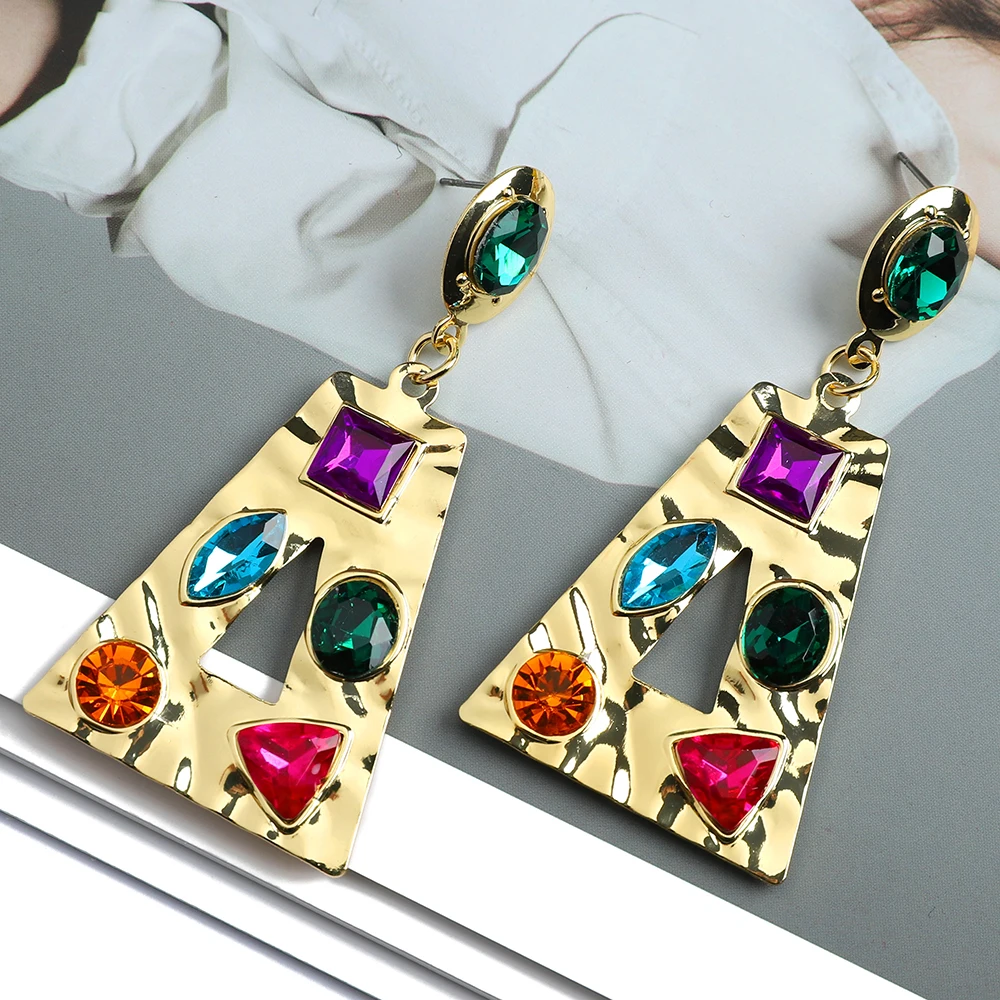 Fashion Geometric Glossy Metal Dangle Earrings Luxury Vintage Crystal Brincos Punk Pendant Jewelry Ear Accessories For Women