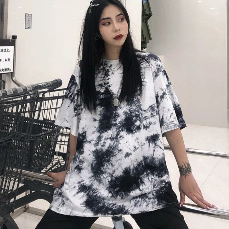 Hip Hop Style Tee Tie-Dye Print Women's T Shirt Casual Round Neck Short Sleeve Top Loose T-Shirt