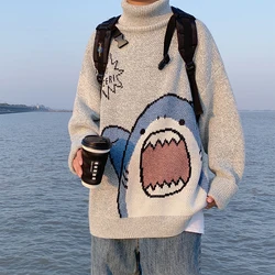 2022 Winter Men Turtlenecks Shark Sweater Men Patchwor Harajuku Korean Style High Neck Oversized Grey Turtleneck Pullover Men