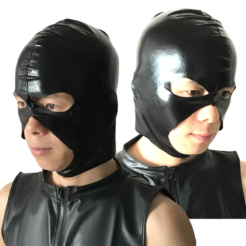 PVC Black Mask Full Head Hood Cosplay Costume Party 3 Holes Artificial Leather Hot Wet Look Spandex