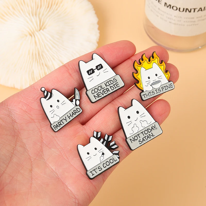 I\'M FINE Enamel Pins Custom COOL KIDS NEVER DIE NOT TODAY SATAN Cat Brooch Lapel Badge Fun Cartoon Jewelry Gift for Kid Friend