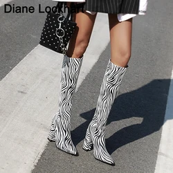 Brand Women Knee High Boots Zebra print Thigh boots High Heels Faux Leather Pointed Toe Autumn Winter Long boots Women's Shoes