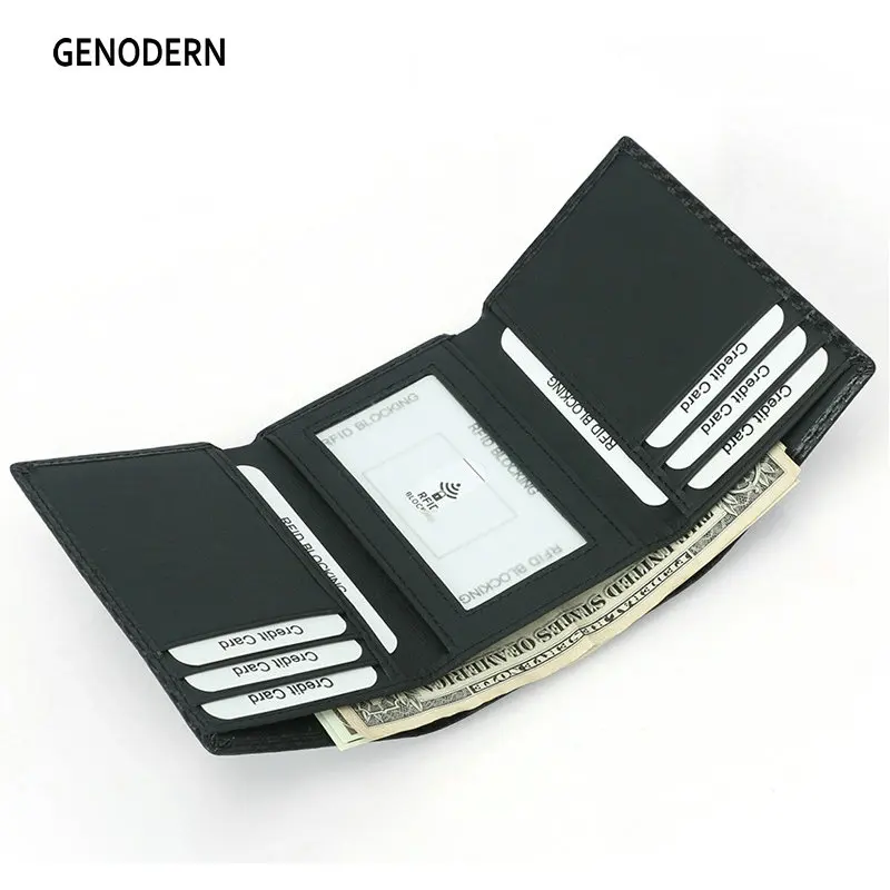 GENODERN Men's Leather RFID Blocking Trifold Security Wallet Carbon Fiber Leather Large Capacity Multi Card Holder Male Purse