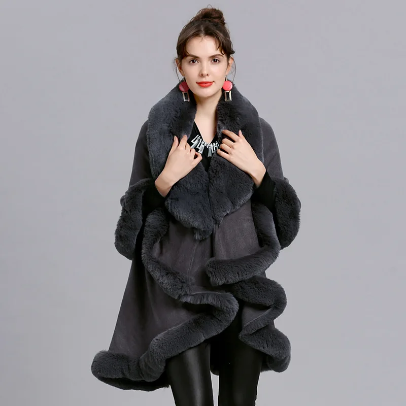 Winter Warm Faux Fox Fur Long Knitted 2 Layers Poncho Cape Big Fur O Neck Cloak Overcoat Women Loose Cardigan Outer Wear Coat