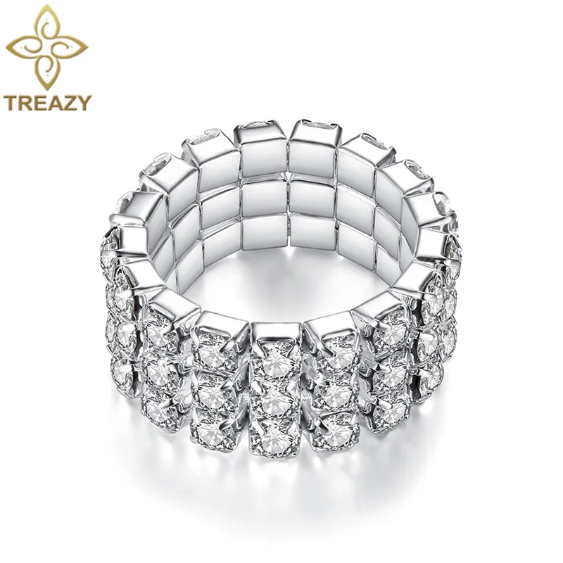 TREAZY Fashion Jewelry 1-4 rows Rhinestone Crystal Wedding Rings Charm Elastic Rings For Women Bridal Wedding Jewelry