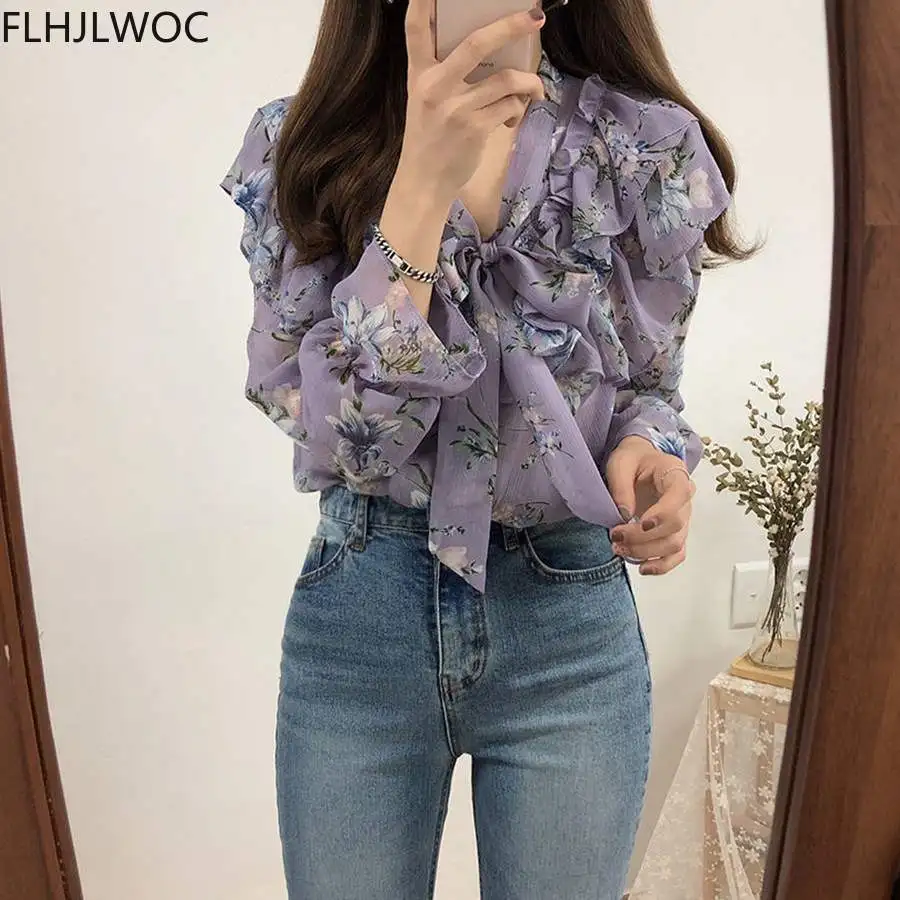 2021 Cute Sweet Bow Tie Tops Hot Sales Women Korean Style Bow Blouses Shirts Female Girls Purple Floral Vintage Top Blouse 2021