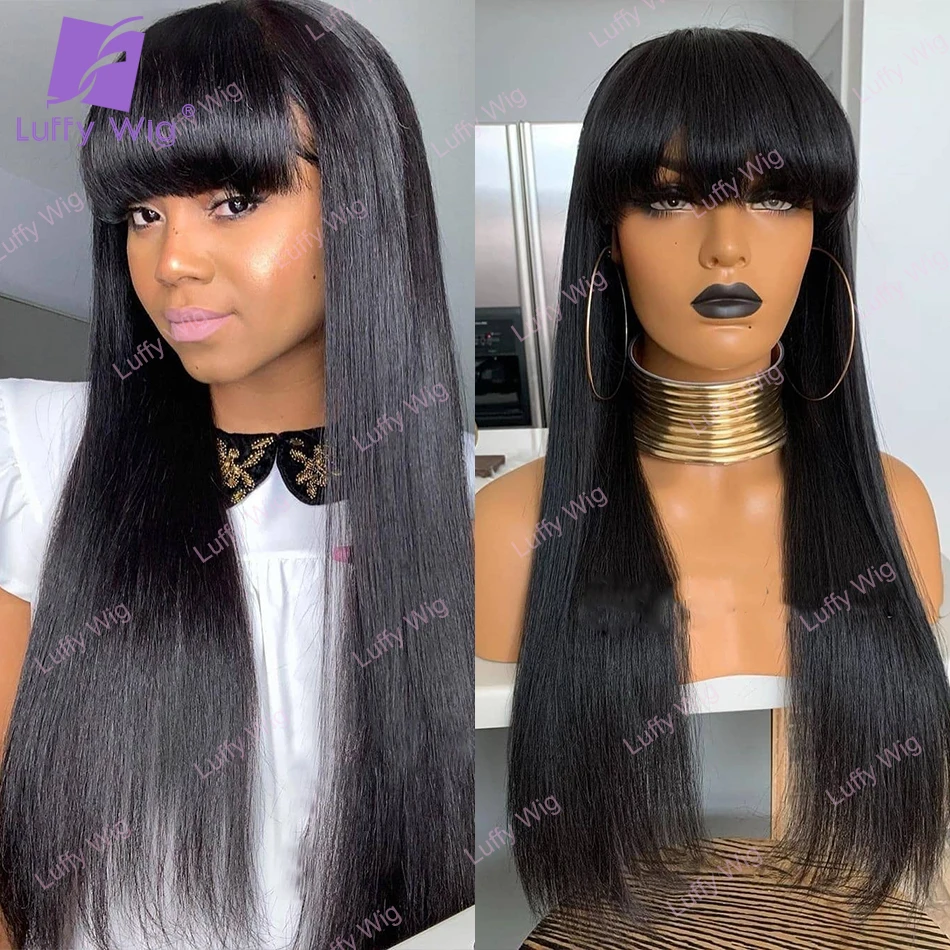 

Silky Straight Human Hair Wig With Bangs Brazilian Remy Machine O Scalp Top Bang Wig 200 Density Glueless For Black Women Luffy