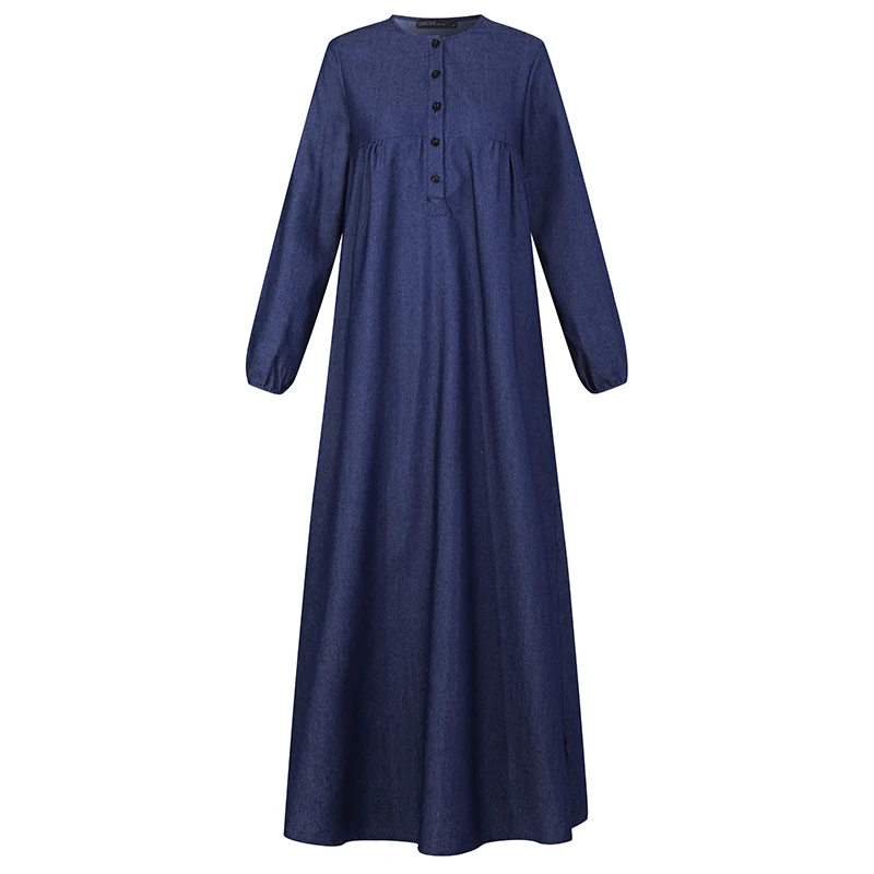 ZANZEA Women Long Sleeve Solid Maxi Sundress Vintage Autumn Denim Blue Dress Casual Buttons Kaftan Vestido Muslim Dress Robe