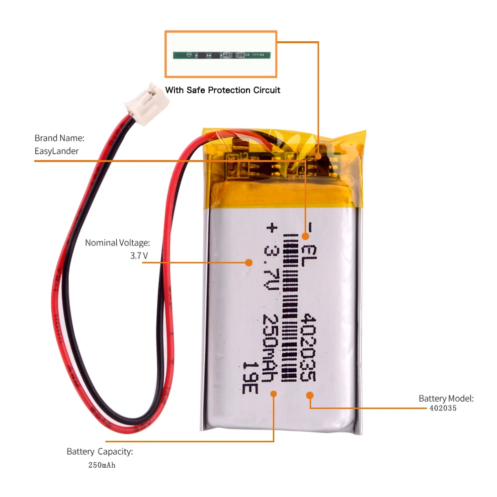 JST 1.5 Mm 2pin 250MAh 402035 แบตเตอรี่ลิเธียมโพลิเมอร์แบตเตอรี่LiPoแบบชาร์จไฟได้สำหรับGPSมือถือMp3 GPSบลูทูธ