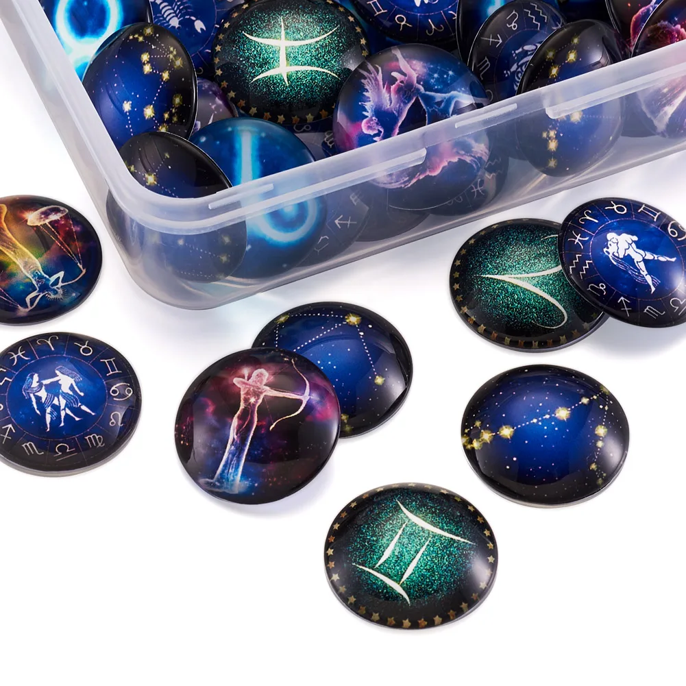 60pcs/lot 25mm Half Round 12 Constellations Glass Cabochons Cameo Zodiac Sign Pendant Jewelry Making Birthday Gift