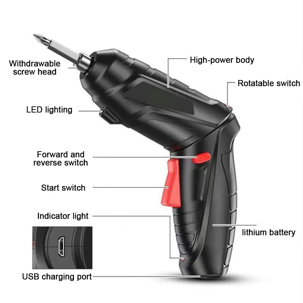 휴대용 USB 충전식 전기 드라이버, 블랙, 3.6V, 무선 핸드 드롭쉽