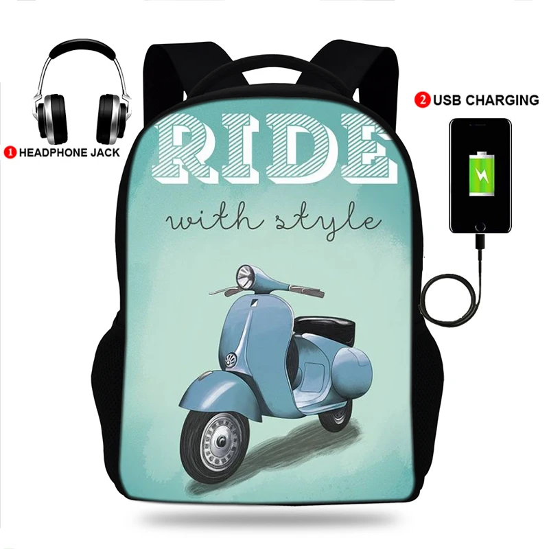 Motorcycle Print Laptop Backpack Multifunction USB Charger Headphone Jack Schoolbags for Teens Travel Backpack Daily Back Pack