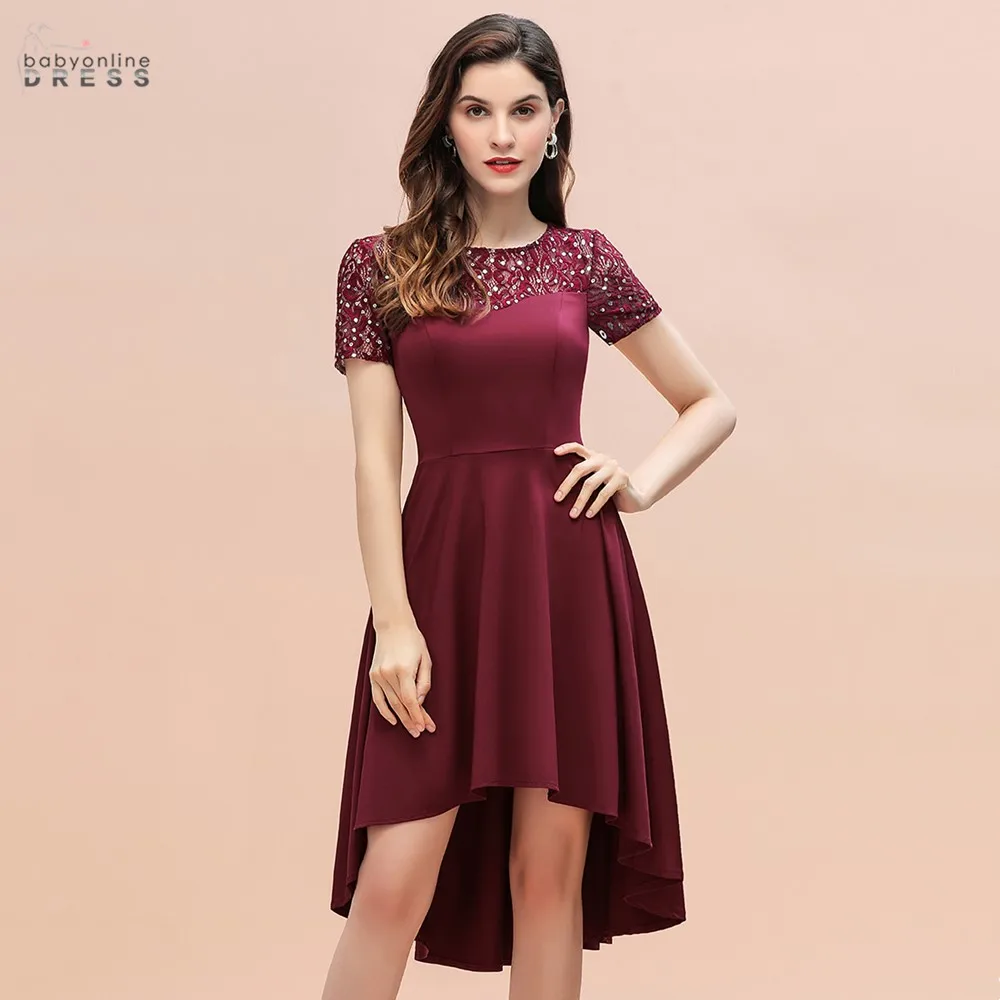 Chiffon Burgundy Cocktail Dresses Short Sleeve Hi-lo Party Dresses Mini Cute Girl Dress Women коктель vestidos coctel