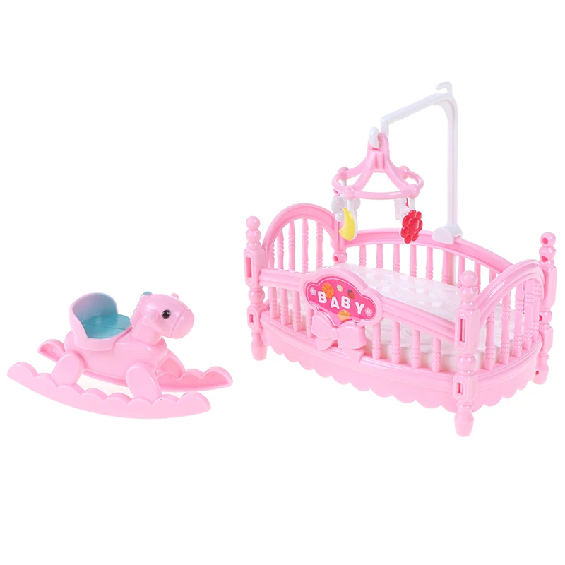 Accesorios de muñeca de princesa de moda rosa para niños, muñeca de plástico, cama de cuna en miniatura y caballo de madera, regalo para niñas, más