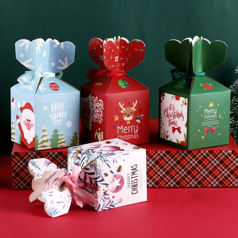 5pcs Vase Shape Christmas Santas Claus Paper Box Candy Cake Box With Ribbon Apple Packaging Box For Party Favor Xmas Noel Navida