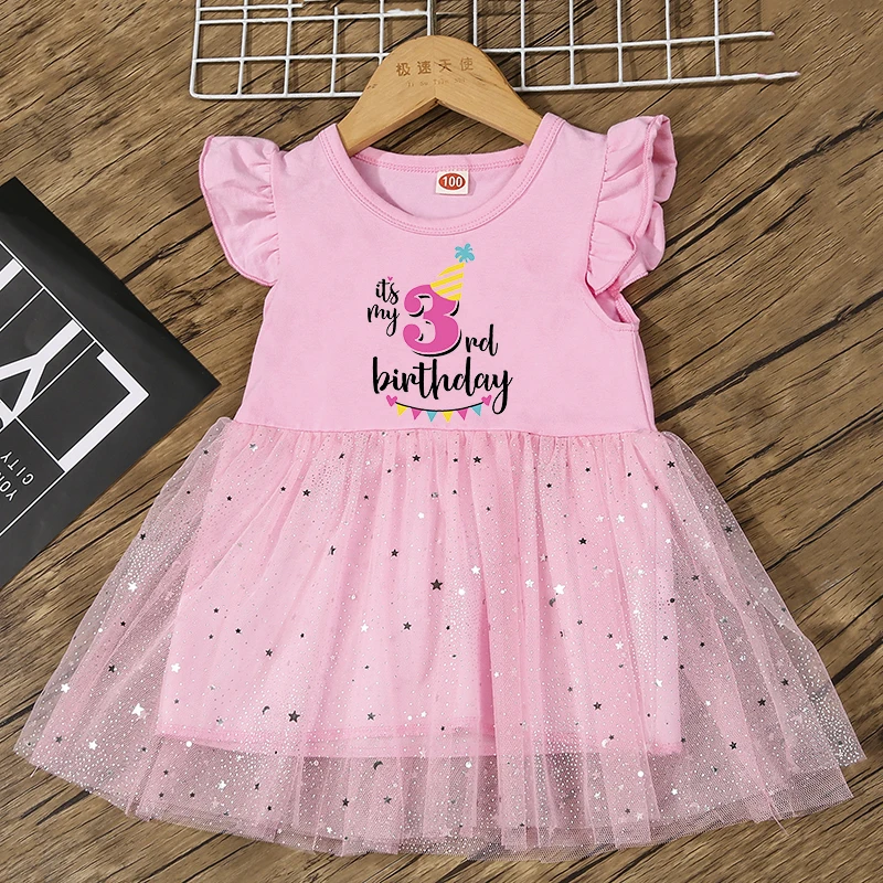 Girl Birthday Cartoon Cute Dress  Birthday Number 1 2 3 4 5 6 Graphic Princess Dress Clothes Baby Girls Tulle Dress Casual Wear