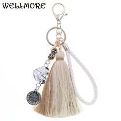 WELLMORE 4 colors bohemia leather Key Chains handmade heart with long tassel alloy Key Chain Girl Bag Keychain fashion jewelry