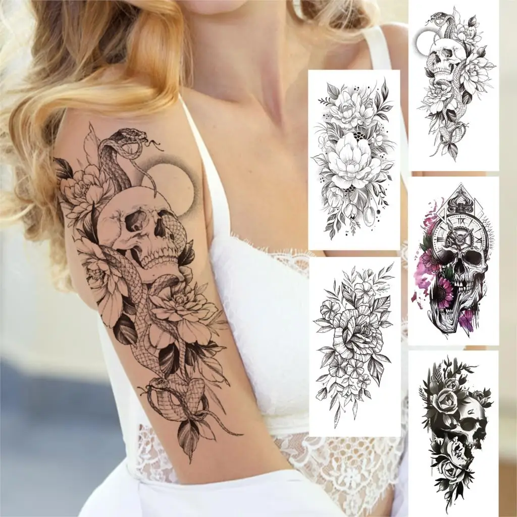 Large Death Skull Snake Flower Temporary Tattoos For Women Men Adult Skeleton Fake Rose Tattoo Sticker Black Peony Body Tatoo